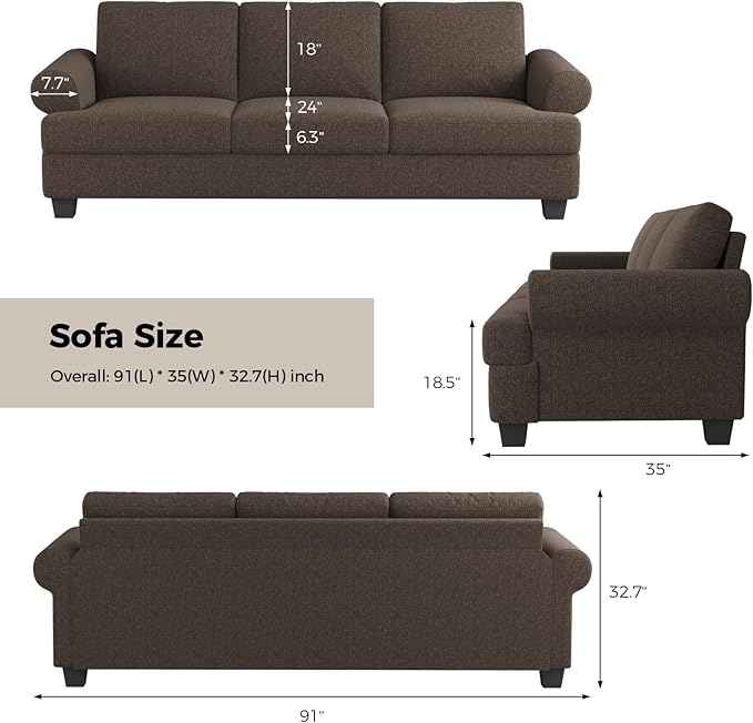 91 Inch Lawson Sofa with Extra Deep Seats Oversize Mid-Century 3-Seat Sofa Couch for Living Room Apartment Lounge Brown