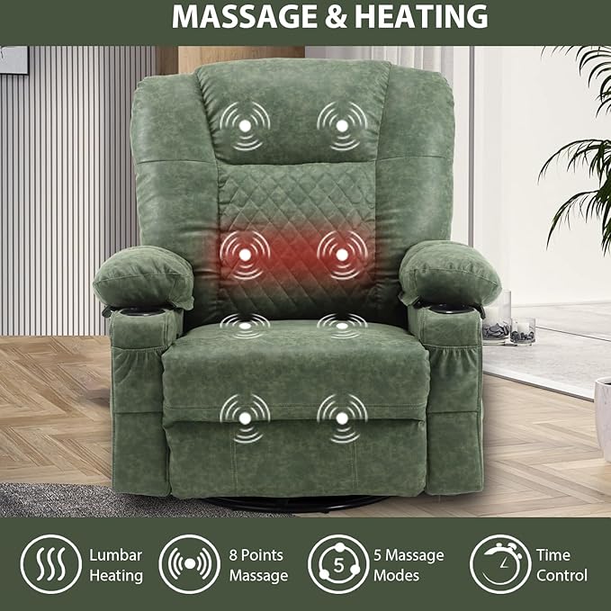 Faux Leather Swivel Rocker Recliner with Heat and Massage Cup Holders Overstuffed Rocking Glider Chair Heated Massaging Reclining Chair Green