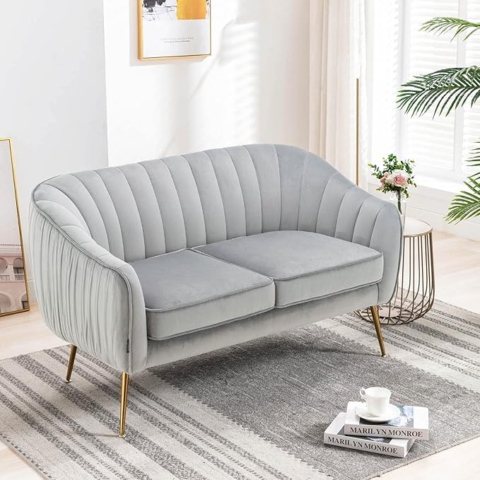 Velvet Couch Sofa Chairs for Two People Modern Loveseat for Living Rooms Bedrooms Small Spaces Golden Finished Grey