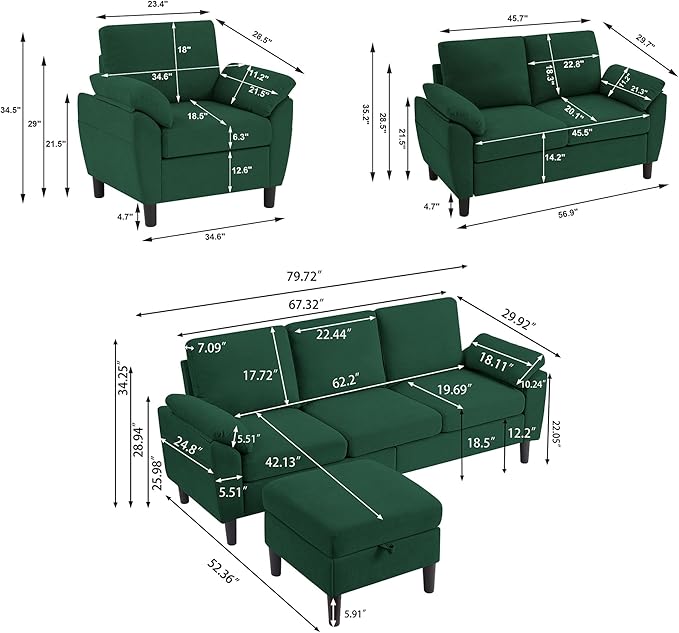 3 Pieces Sectional Sofa Set 79 Modern L Shaped Couch &amp 57 Loveseat &amp 35 Accent Chair Linen Upholstered Sofa Set with Movable Ottoman Couches for Living Room Apartment Green