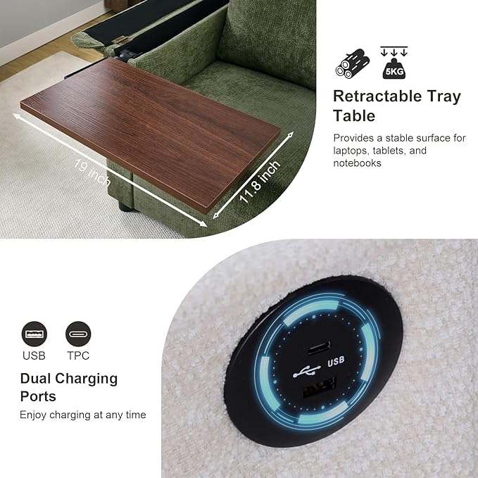 Modern Accent Chairs with Storage Ottoman Set Chenille Reading Armchair with Tray Table and Charging Ports Comfy Chaise Lounge Chair for Living Room Bedroom Reading Nook
