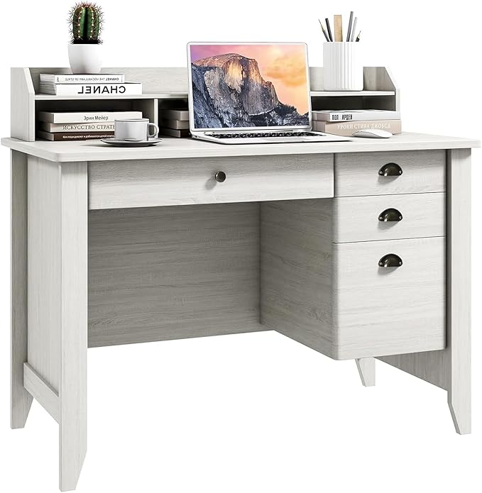 GOFLAME 48” Computer Desk with Hutch Vintage Home Office Desk with Storage Drawers &amp Shelves Space Saving Laptop PC Table Wooden Study Writing Workstation White