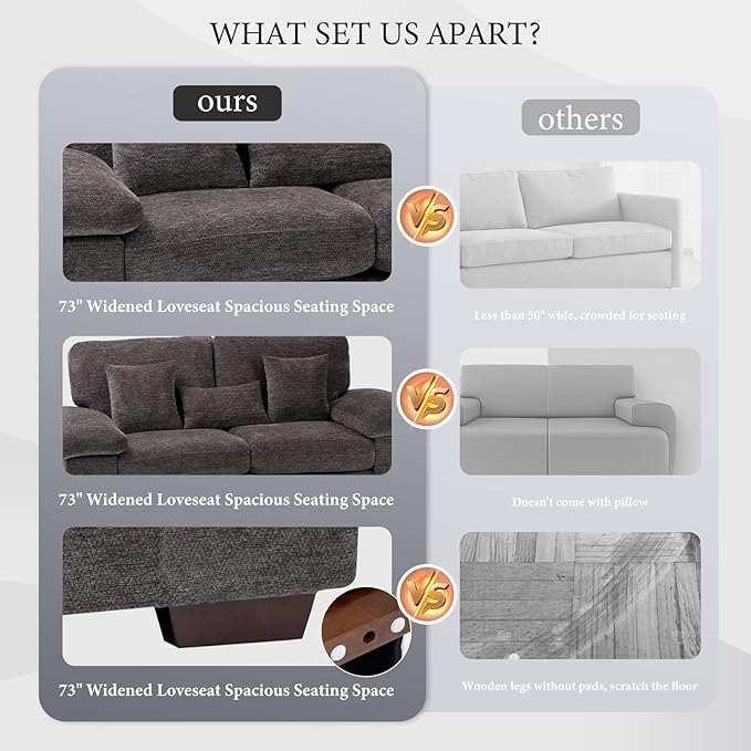 Loveseat Sofa73 Love Seat Couches Living Room Sofa with 3 Pillows Upholstered Comfy Chenille Seat Cushions Bedroom CouchGrey