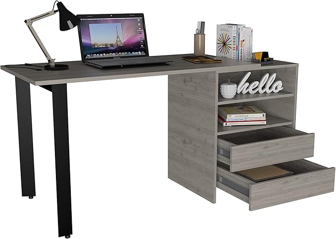 Home Office Desk Modern Writing Desk with File Drawer Two Drawers Two Shelves -Light Gray