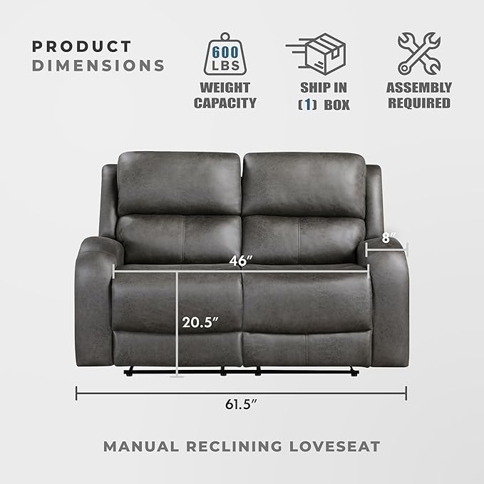 Lexicon 61.5'' Double Recliner Couch Wall Hugger Sofa Recliners Home Theater Seating Dual Reclining Couch Love seat Recliner Manual Recliner Couches for Living Room/Bedroom/Office/Apartment Grey