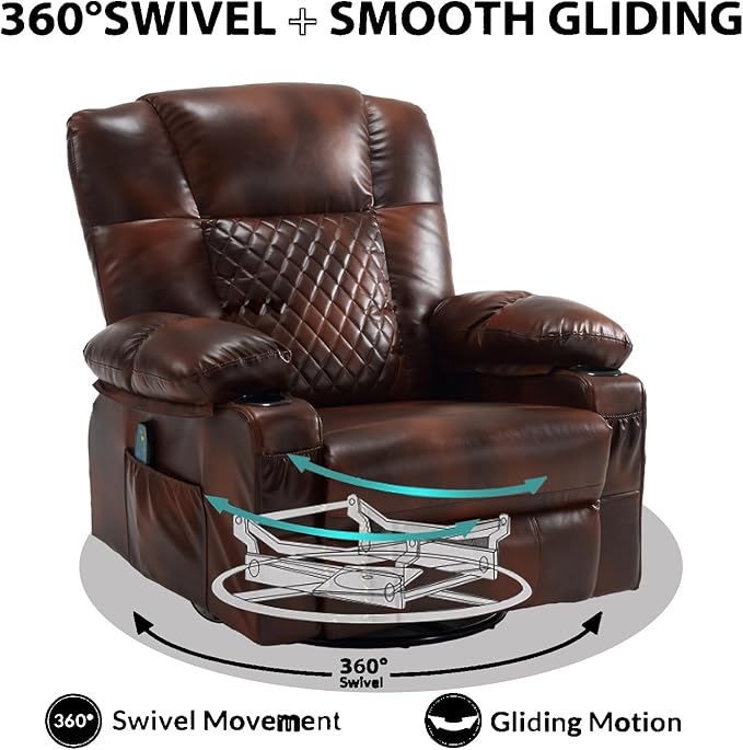 Faux Leather Swivel Rocker Recliner with Heat and Massage Cup Holders Overstuffed Rocking Glider Chair Heated Massaging Reclining Chair Brown