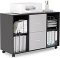 Mobile Wood Filing Cabinet with 2 Drawers and 4 Open Storage cabinets and Wheels for Home Office Black Oak Light Grey