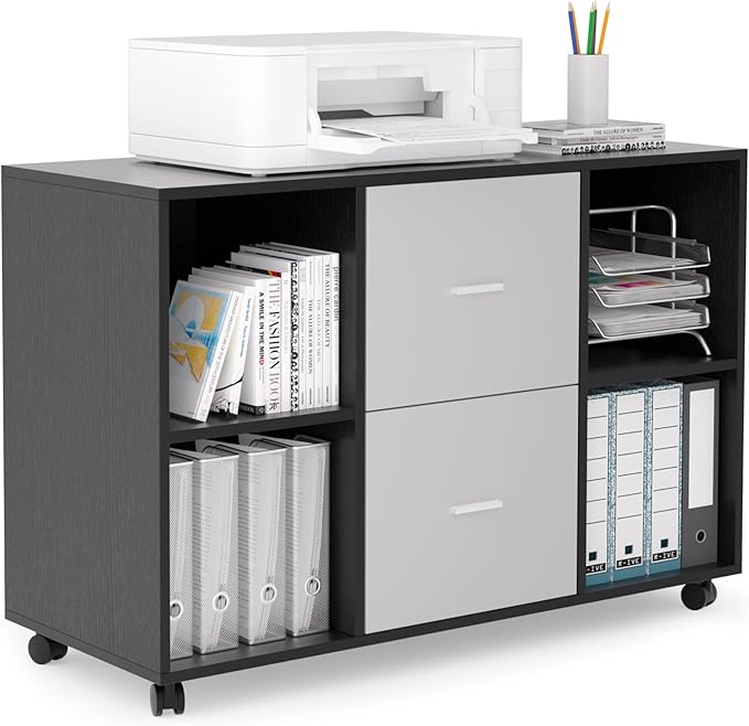 Mobile Wood Filing Cabinet with 2 Drawers and 4 Open Storage cabinets and Wheels for Home Office Black Oak Light Grey