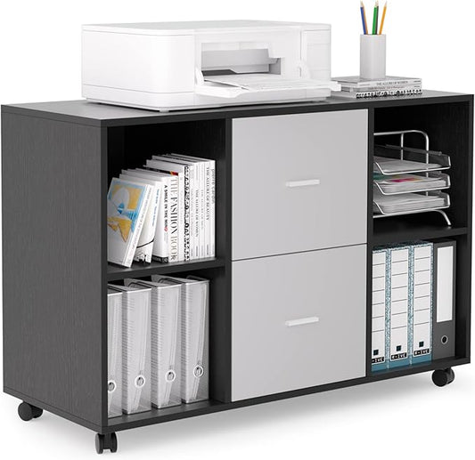 Mobile Wood Filing Cabinet with 2 Drawers and 4 Open Storage cabinets and Wheels for Home Office Black Oak Light Grey