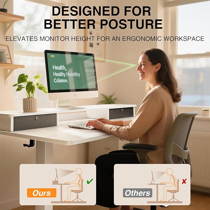 Veken 47.2×27.6 Home Office Standing Desk with Monitor Riser Adjustable Computer Desk with Drawers Ergonomic Desk for Work Study Gaming Crafting White