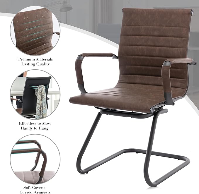 CIMOTA Waiting Room Chairs Set of 8 Leather Office Guest Chair Mid Back Reception Chairs with Sled Base for Meeting/Patient/Conference Room Retro Brown 8PCS