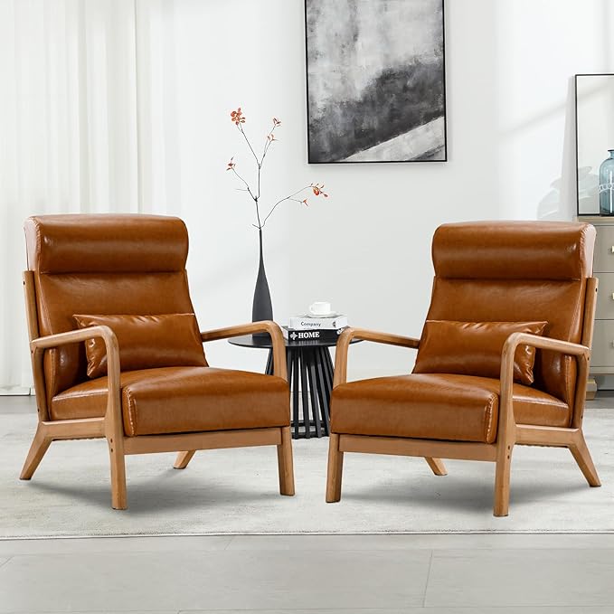 Accent Chair Mid Century Modern Chair PU Leather Fabric Living Room Chairs with Solid Wood Frame Comfy Upholstered and Lumbar Pillow Reading Side Chair Easy Assembly for Bedroom (1 Brown)