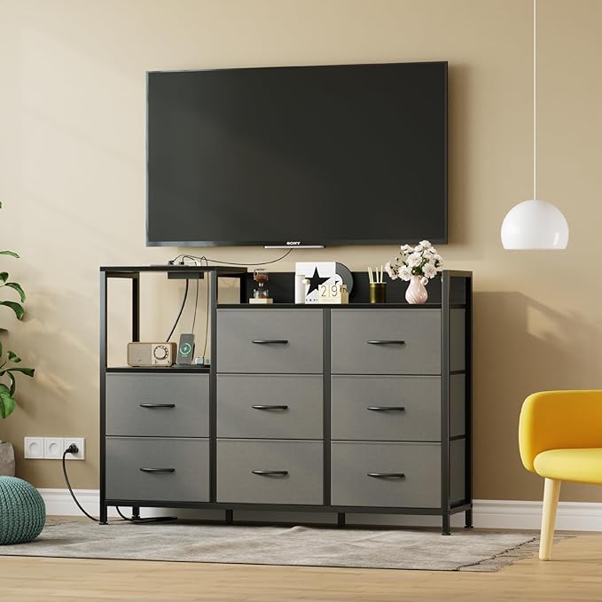 DUMOS TV Stand Dresser with 8 Fabric Drawers &amp Open Shelves TV Stand for Up to 45 inch TV with Wooden Top Entertainment Center with Charging Station for Living Room Hallway Grey