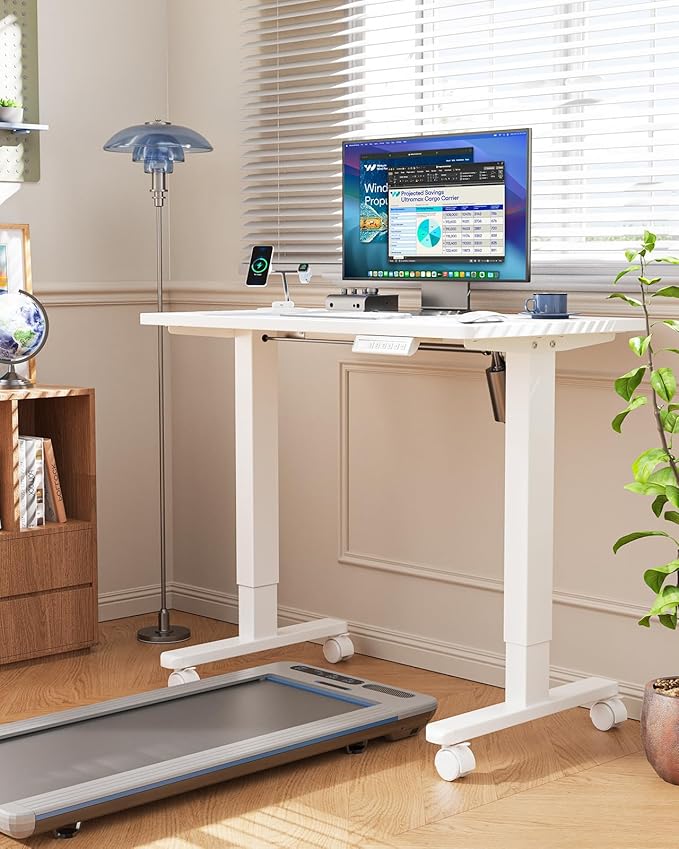 HUANUO Electric Small Standing Desk 35 x 20 Whole Piece Desktop Adjustable Height Computer Desk 4 Height Memory Settings Sit Stand Up Desk for Home Office White