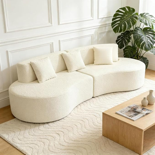 Modern Curved Sectional Sofa Couch 95 Beige - Cloud Fleece Upholstered 4-Seater Modular Boneless Couches for Living Room Office Apartment
