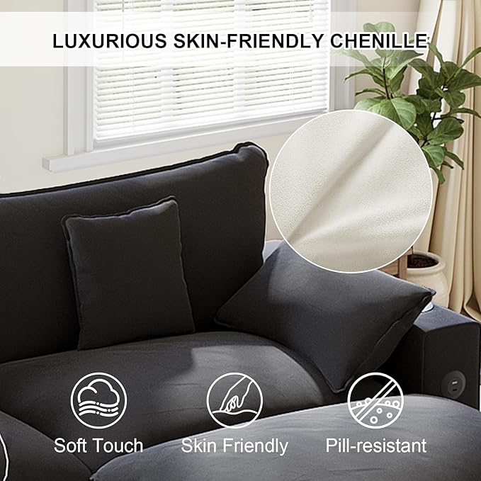 80.7 Modular Sectional Sofa L Shaped Cloud Couch with Movable Ottoman Chenille Deep Seat Cloud Sofa with Charging Station Cup Holder Side Pocket Sectional Couches for Living Room Black