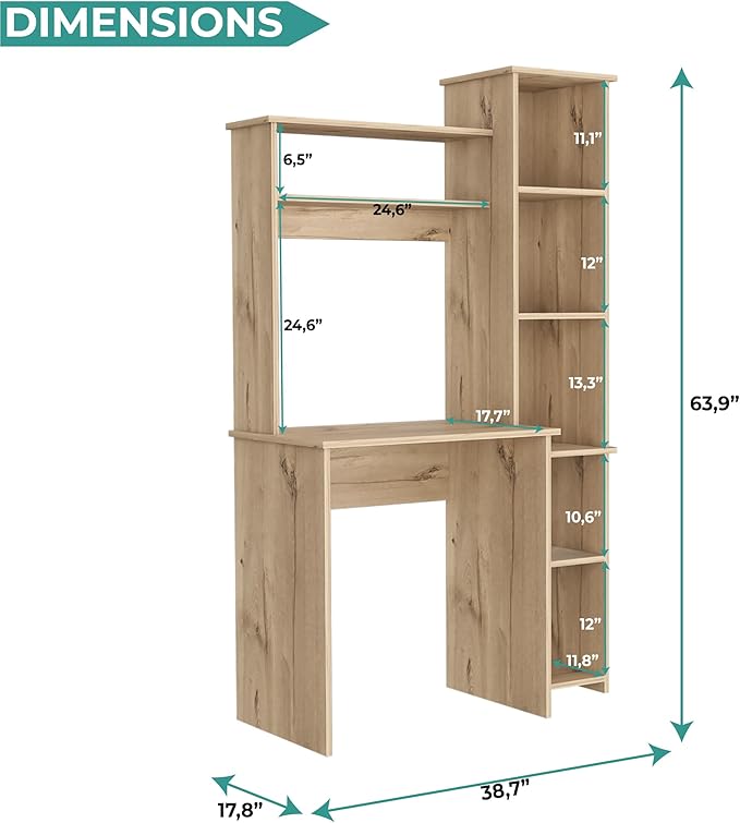 Tuhome Versalles Writing Desk with Two Superior Shelves Five Side Open Storage Compartments Space-Saving Modern Workstation Design for Studios and Offices Ideal for Organization Books