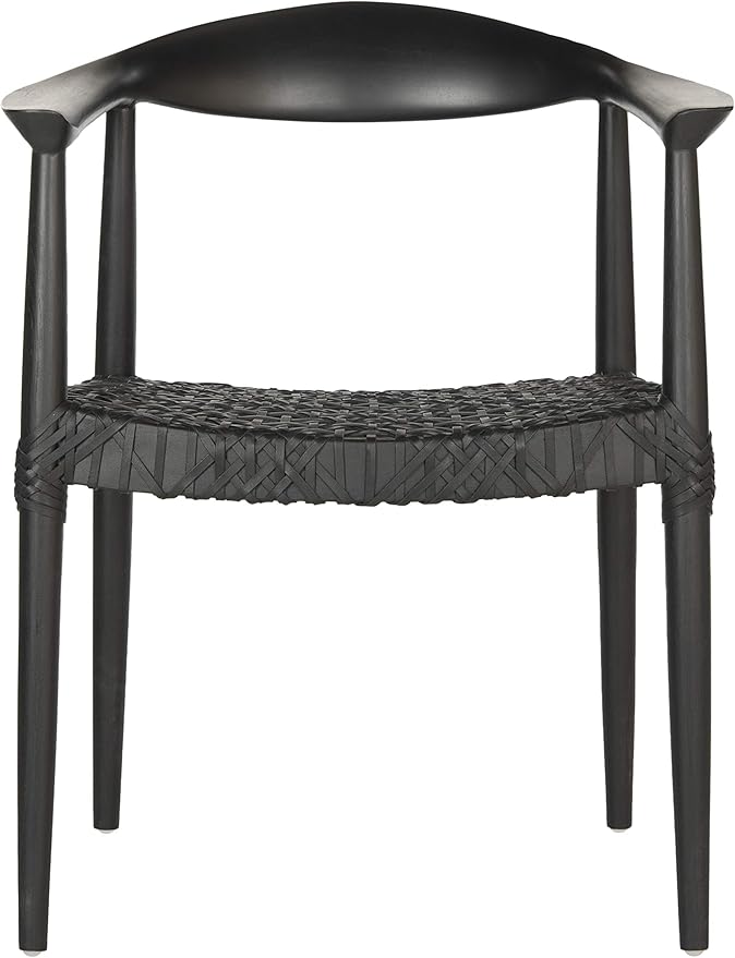 SAFAVIEH Home Collection – Wade Black Teak Wood Arm Chair with Woven Leather Web Seat Fully Assembled Mid-Century Modern Accent Chair (FOX1003B)