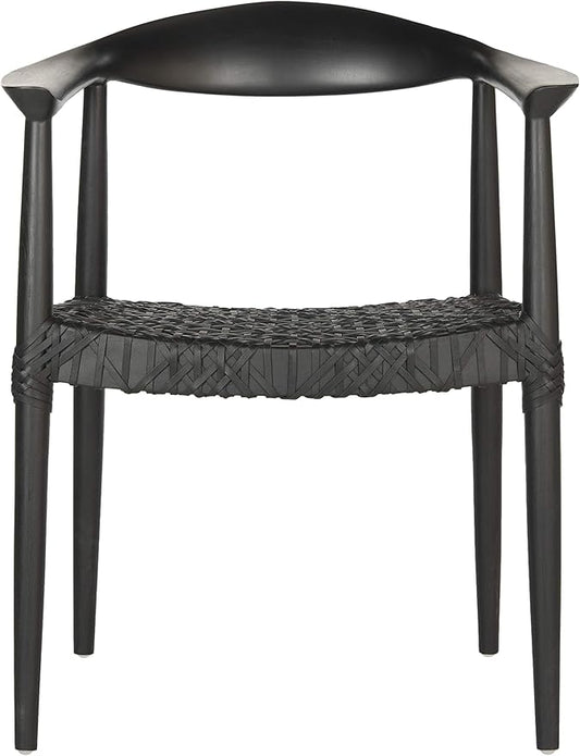 SAFAVIEH Home Collection – Wade Black Teak Wood Arm Chair with Woven Leather Web Seat Fully Assembled Mid-Century Modern Accent Chair (FOX1003B)