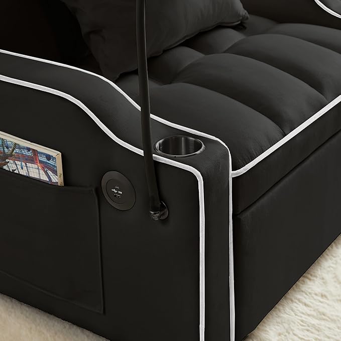 Convertible Sleeper Sofa Chair Bed 3 in 1 Tufted Velvet Pull Out Sleeper Chair with Adjustable Backrest &amp Phone Holder Modern Single Sofa for Living Room Small Spaces Apartment Black