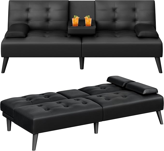 Meilocar 64 Futon Sofa Bed Convertible Loveseat with 2 Cup Holders Small Couch with 3 Adjustable Angles &amp Removable Armrest Modern Sleeper Sofa for Apartment Office (PU Leather Black)