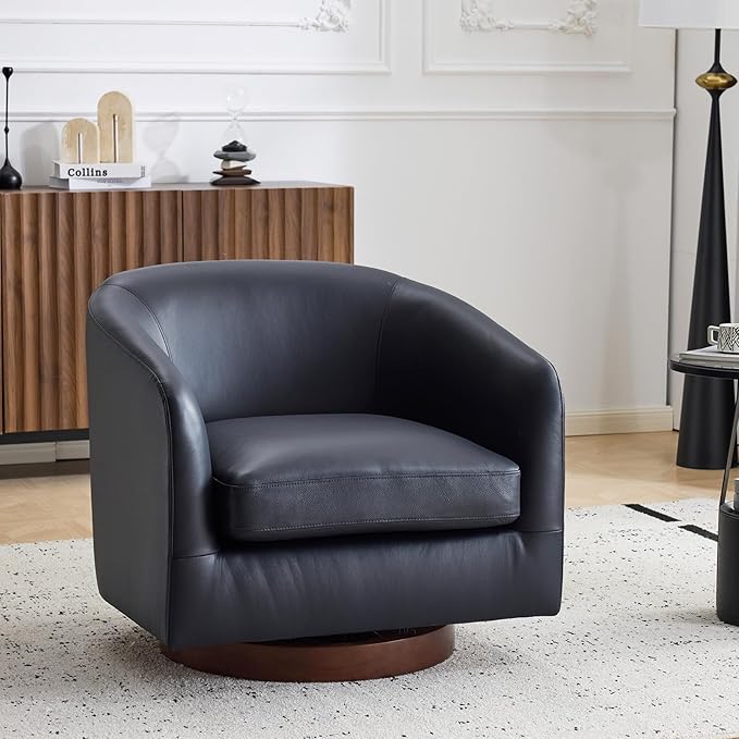 AEDI Genuine Leather Swivel Accent Chair Barrel Chair for Living Room Dark Blue