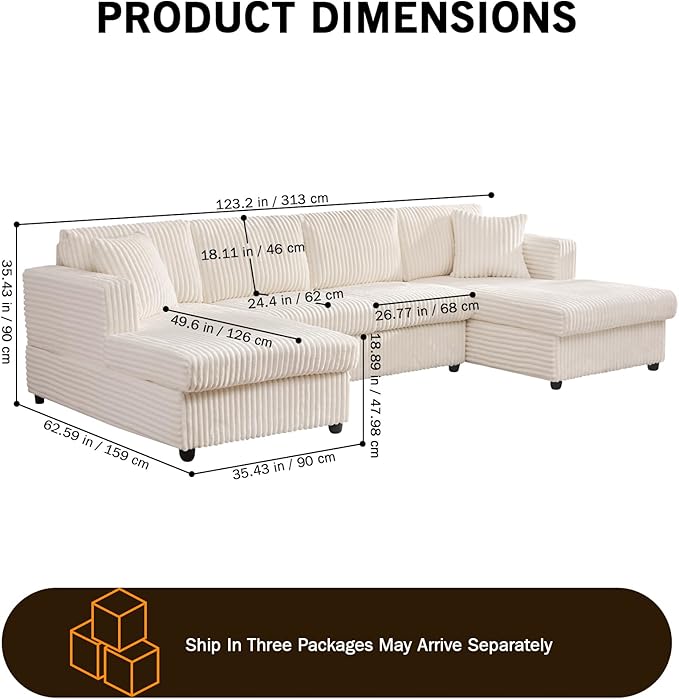 123 U-Shaped Modular sectional Sofa Two L-Shape Chaise with 2 Cloud Couch sectional with Two Pillows couches for Living Room (Beige)