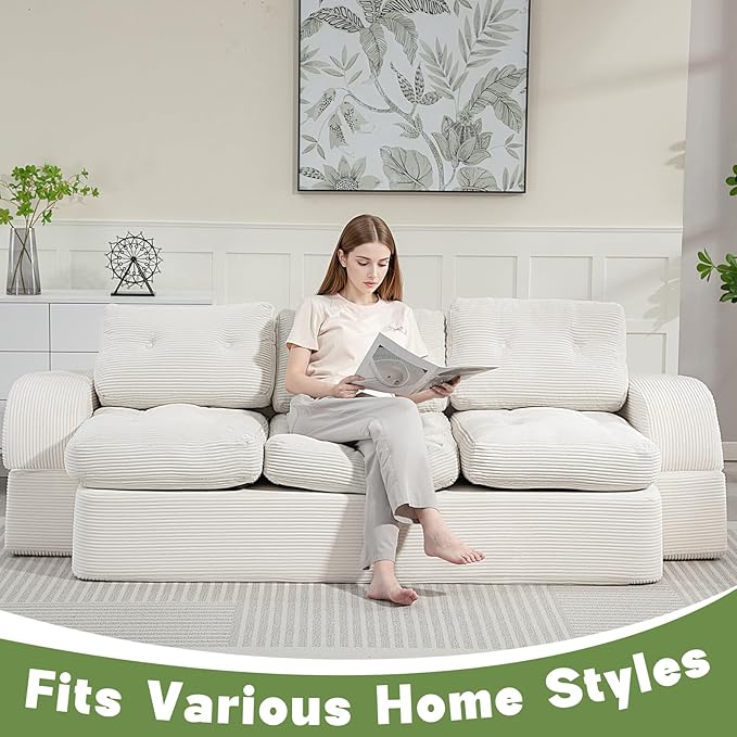 from Couch to Cloud: 3-Seater Boneless Sofa Bed for Small Spaces Cozy Tufted Corduroy Sleeper for Modern Adults No Assembly Needed Ships Compressed