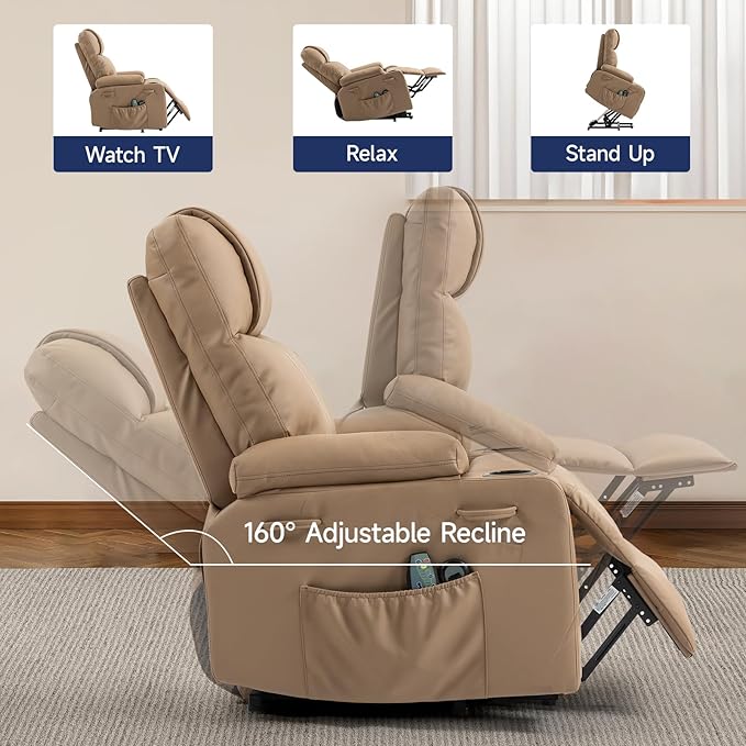 Brage Living Power Lift Recliner Chair for Elderly with Massage &amp Heat PU Leather Electric Recliner with 160° Adjustable Recline Stand Assist Remote Control Cup Holders &amp Side Pockets (Bro