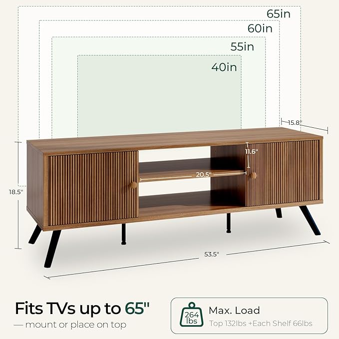 COMHOMA TV Stand for Living Room Mid Century Modern Entertainment Center for 55/60/65 Inch TVs Retro Brown TV Console with Fluted Door Cabinets and Open Adjustable Shelve Storage for Bedroom