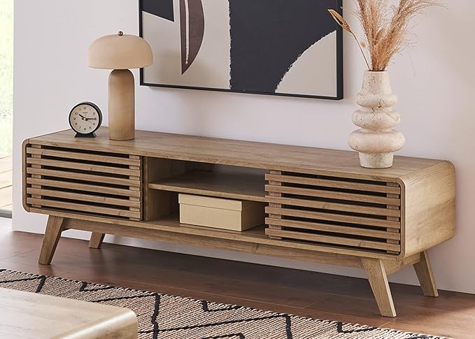 mopio Ensley 59 TV Stand with Slatted Door Mid Century Modern Entertainment Center for 55/60/65 inch TV Farmhouse Media Console with Storage Adjustable Shelves Round Edges Living Room (Oak)