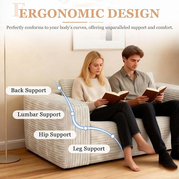 63 White Boneless Couches for Living Room Compressed Sofa Couch in a Box Corduroy Memory Foam Floor Couch for Adults Memory Foam Deep Seat No Assembly Required (White)