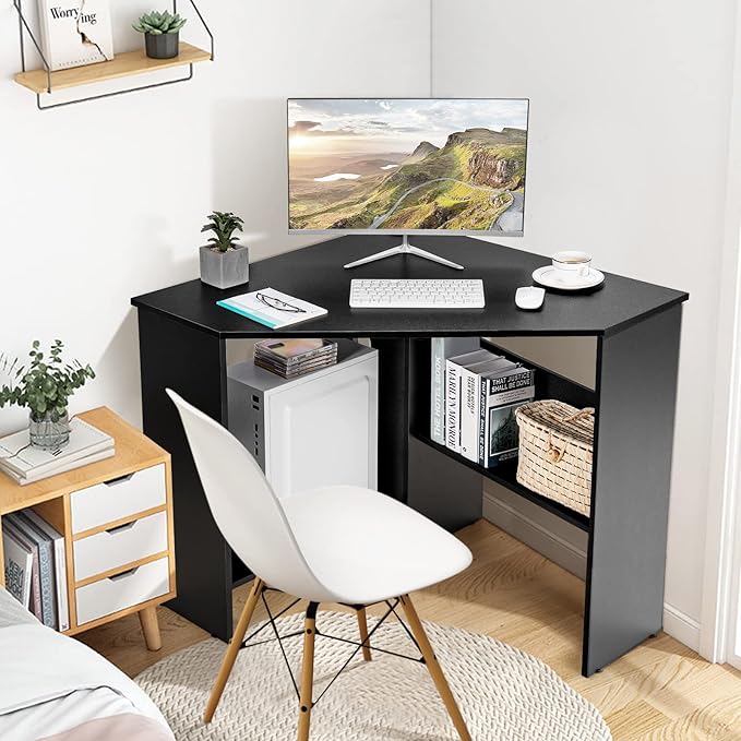 COSTWAY Corner Computer Desk Space-Saving Triangular Writing Desk w/ 2 Storage Shelves &amp 2 Cable Holes Multi-Functional Console Table for Small Space in Home Office Living Room Bedroom (Black)