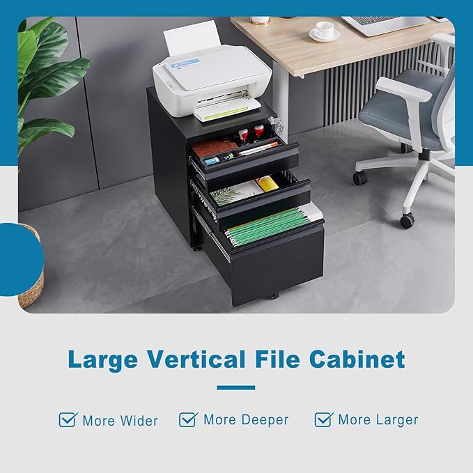 3 Drawer Mobile File Cabinet Under Desk Office with Lock Metal Filing Cabinet to be Installation Required Under Desk Metal Filing Cabinets Legal/Letter/A4 File (Black)