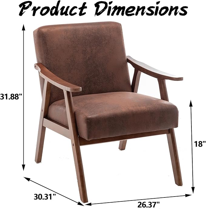 Mid Century Modern Accent Chair Upholstered Armchair Comfy with Wood Legs Siting Chair with Soft Cushion PU Leather Side Chairs for Living Room Bedroom Office (Microfiber Light Brown)