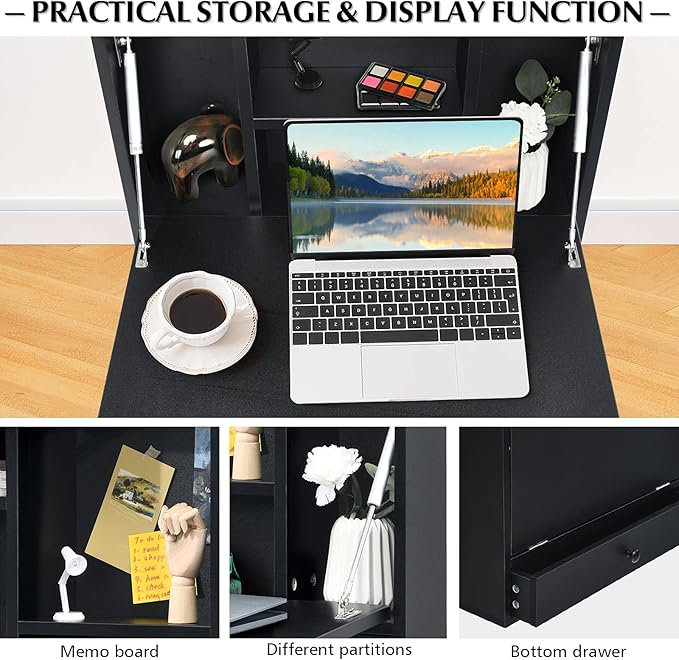 COSTWAY Wall-Mounted Computer Desk Floating Desk with Storage Drawer &amp Shelves Fold-up Desktop &amp Pneumatic Springs Ideal for Home Office Dormitory Small Spaces (Black)