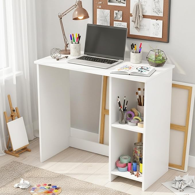 Tangkula Small White Desk with Shelves Compact Desk for Small Space Study Writing Table with 2 Tier Shelves Modern Simple Style Laptop PC Table White