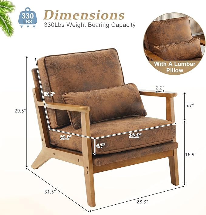 VINGLI Solid Wood Wide Armrests Accent ChairUpholstered Mid Century Modern Chair with PillowComfy Reading Chair Farmhouse Arm ChairChairs Living RoomBedroomGuest RoomSuedeRustic