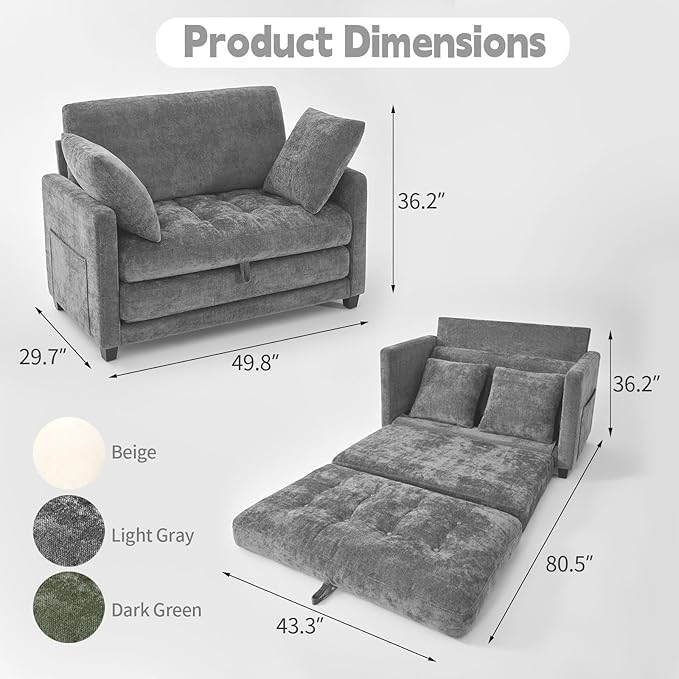2-in-1 Convertible Loveseat Sofa Bed - Folding Pull-Out with Deep Seat 2 Pillows &amp Solid Steel Frame Loveseat Sleeper Sofa Bed for Small Spaces Apartment Living Room &amp Guest Room (Gray Che