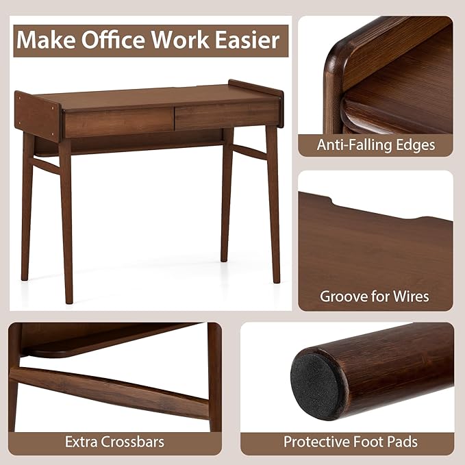 Tangkula Bamboo Mid Century Desk with 2 Storage Drawers Home Office Study Writing Desk with Shelf &amp Cable Management Groove Home Office Desk for Working &amp Learning (Brown)