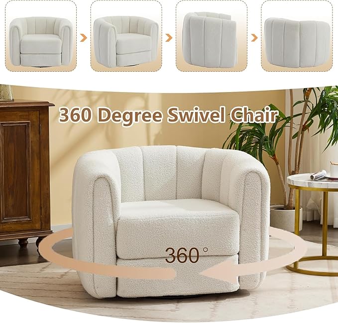 Swivel Accent Chairs for Living Room Teddy Fabric 360 Degree Round Swivel Barrel Armchair Pumpkin Shaped Single Club Sofa Recliner Chairs for Home Bedroom Apartment Office (Beige)