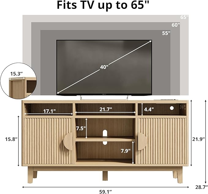 IRONCK TV Stand for 65 Inch TV 59 Inch Entertainment Center with Storage and Charging Station Modern Media Console with 3 Adjustable Shelf Fluted Doors Design Natural Oak