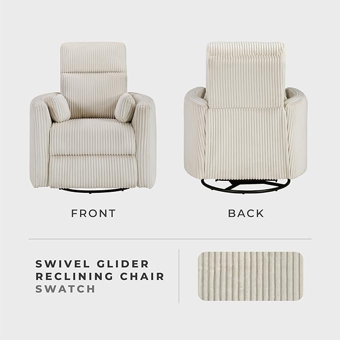 Lexicon Modern Swivel Glider Recliner Chair Nursery Glider Corduroy Fabric Upholstery Recliner with 2 Lumbar Pillows Manual Reclining Sofa Chair for Living Room/Office/Apartment Beige
