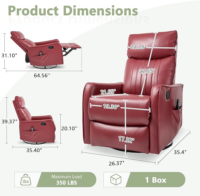 cinkehome Heated Massage Swivel Rocker Recliner Chair for Nursery - Small Space Reclining Chair with Lumbar Support 360° Swivel &amp Gentle Rocking Ergonomic High Back Faux Leather Red