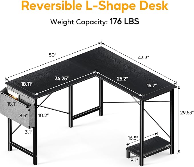 L Shaped Desk Gaming Computer 50 Inch Reversible Corner Table PC for Writing Study Student with Wood Tabletop Metal Frame CPU Stand Side Bag for Home Office Small Place Black