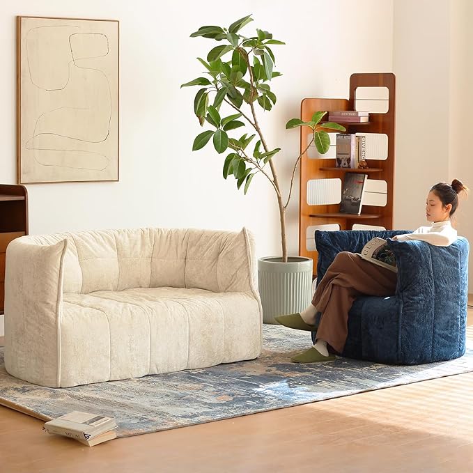 N&ampV Mid Century Brigantin Deep Relaxation Sofa Soft Premium Chenille for Living Room Bedroom and Office (Blue ThreeSeater)