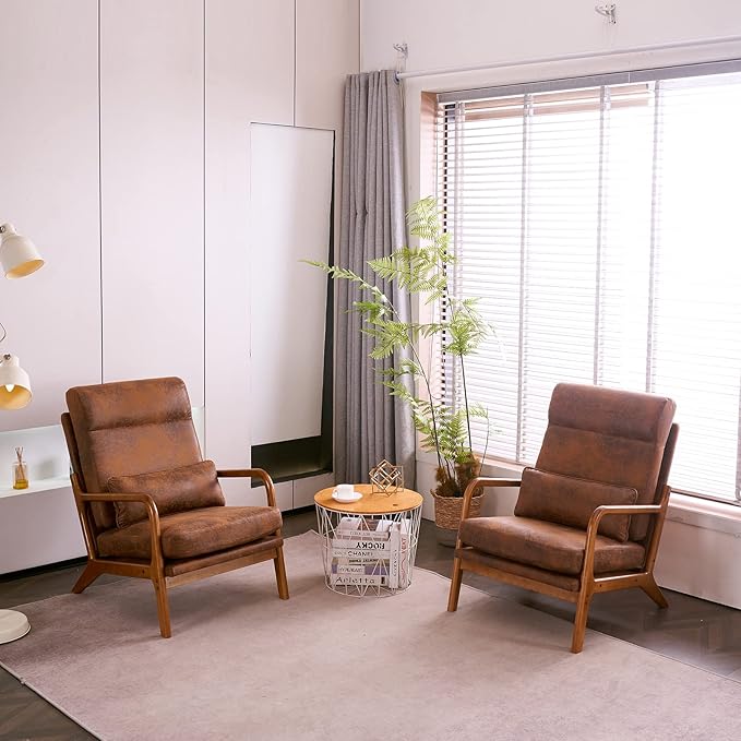 Hommoo Arm Chair Modern Accent Chair Comfy Linen Fabric Reading Chair High Back Leisure Chair with Wood Frame Accent Chair for Living Room Bedroom Balcony Set of 2 Brown