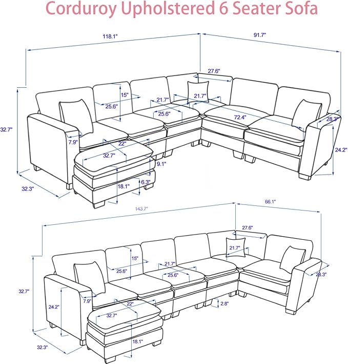 143 Large Modular Sectional Sofa Convertible U - L Shaped 6-Seat Sofa Couch with One Ottoman Chaise and Pillows Sectional Couches Comfy Corduroy Upholstered Sofa Sleeper for Living Room (Yellow)