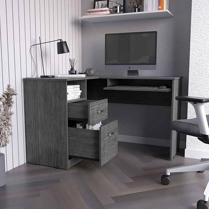 L-Shaped Corner Desk with Keyboard Shelf Smokey Oak Finish for Home Office Workspace