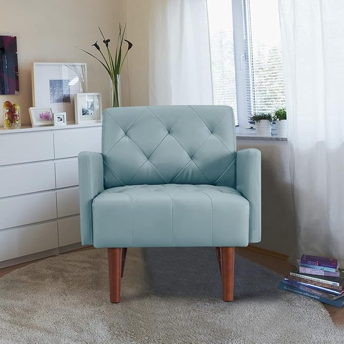 PU Leather Accent Chair Mid Century Modern Armchair for Living Room Reading Tufted Chair Single Sofa High-Density Foam Cushion Solid Wood Legs for Home Bedroom Office Reception(Blue)